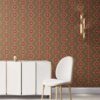 Desert-Diamonds-Drab-Small-Diamond-Wallpaper---pearl-maude-los-angeles Desert Diamonds brown and pink wallpaper installed in a living room designed with luxurious white furniture. Medium sized repeat