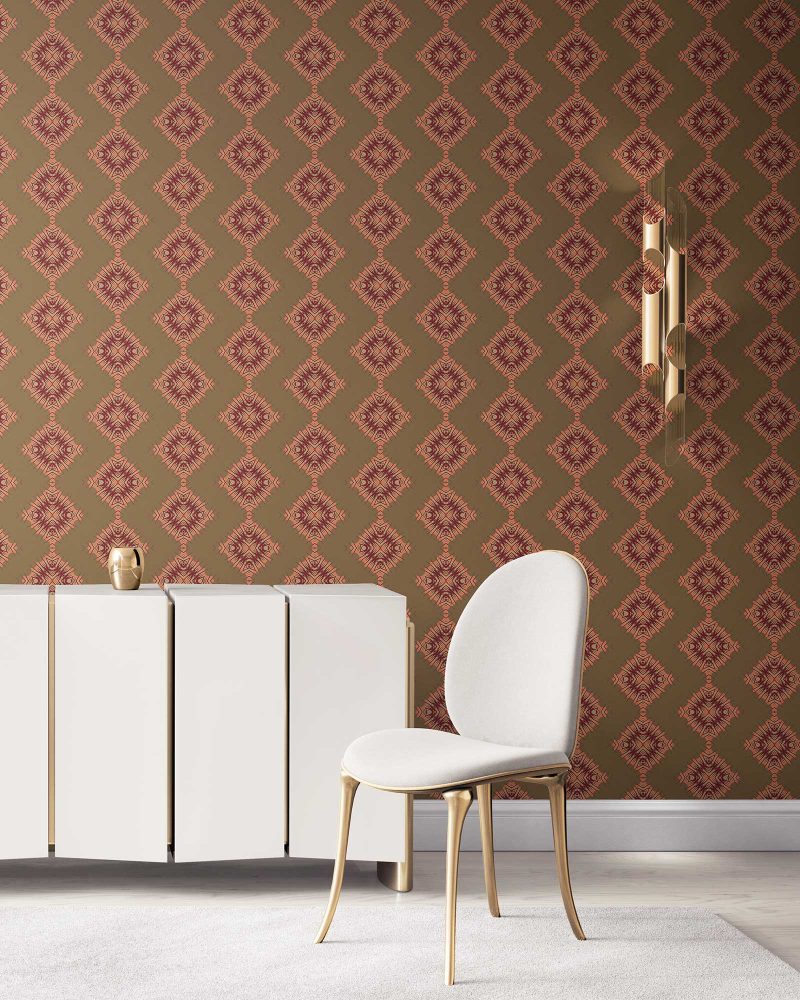 Desert Diamonds brown and pink wallpaper installed in a living room designed with luxurious white furniture. Medium sized repeat