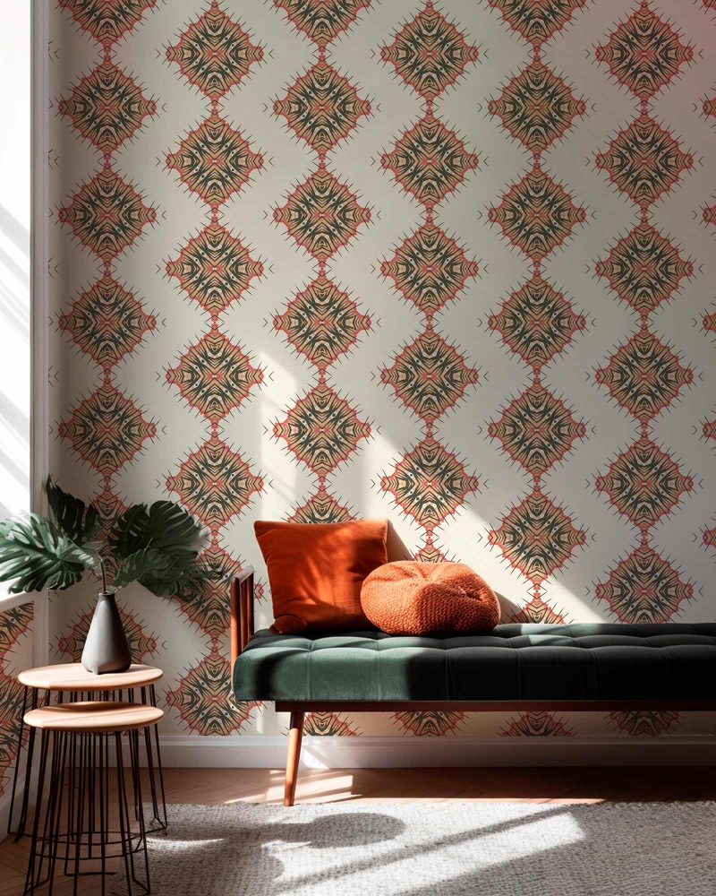 Desert diamonds wallpaper in cream and apricot colors installed in a living room interior with a green velvet bench and pretty daylight. Large sized repeat