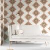 Desert diamonds wallpaper in cream and apricot colors installed in a living room. Large sized repeat