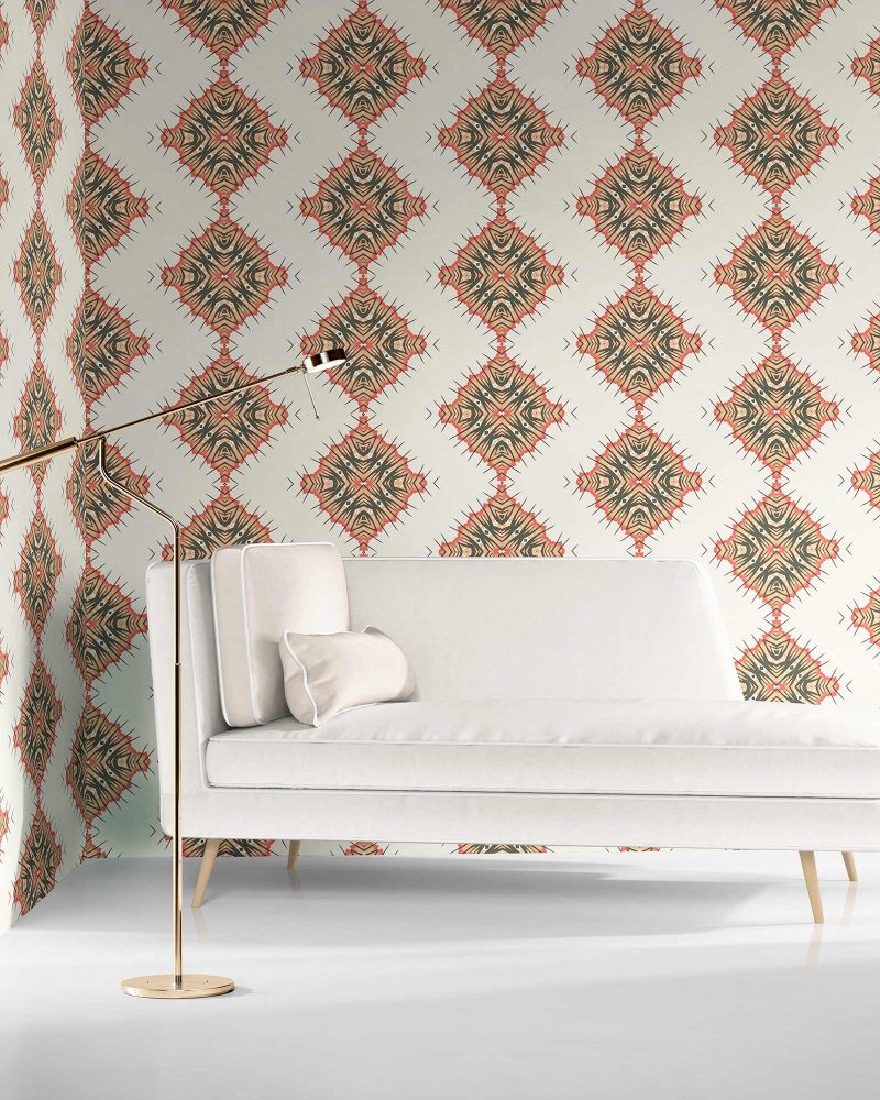 Desert diamonds wallpaper in cream and apricot colors installed in a living room. Large sized repeat