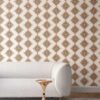 Desert diamonds wallpaper in cream and apricot colors installed in a living room. Medium sized repeat