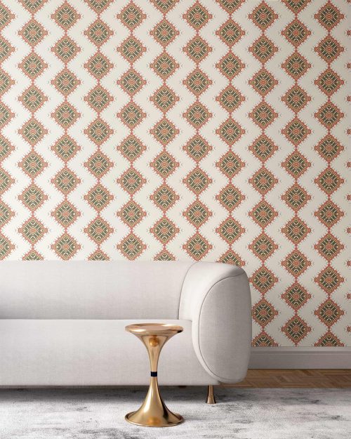 Desert diamonds wallpaper in cream and apricot colors installed in a living room. Medium sized repeat