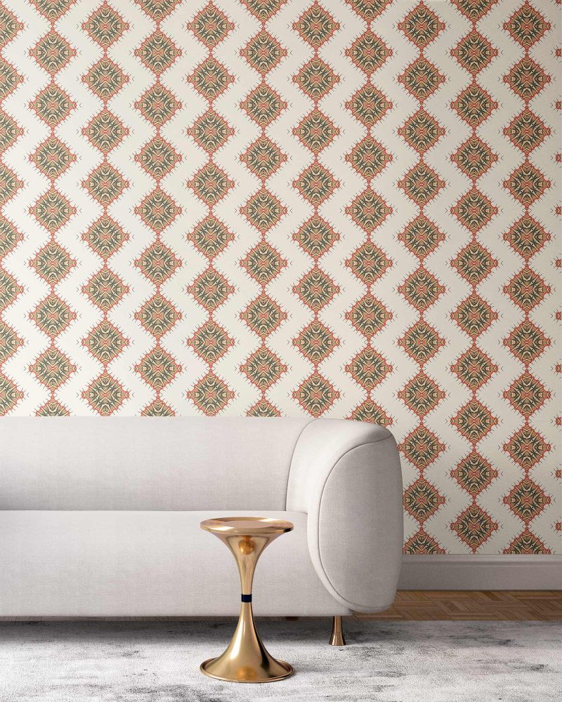 Desert diamonds wallpaper in cream and apricot colors installed in a living room. Medium sized repeat