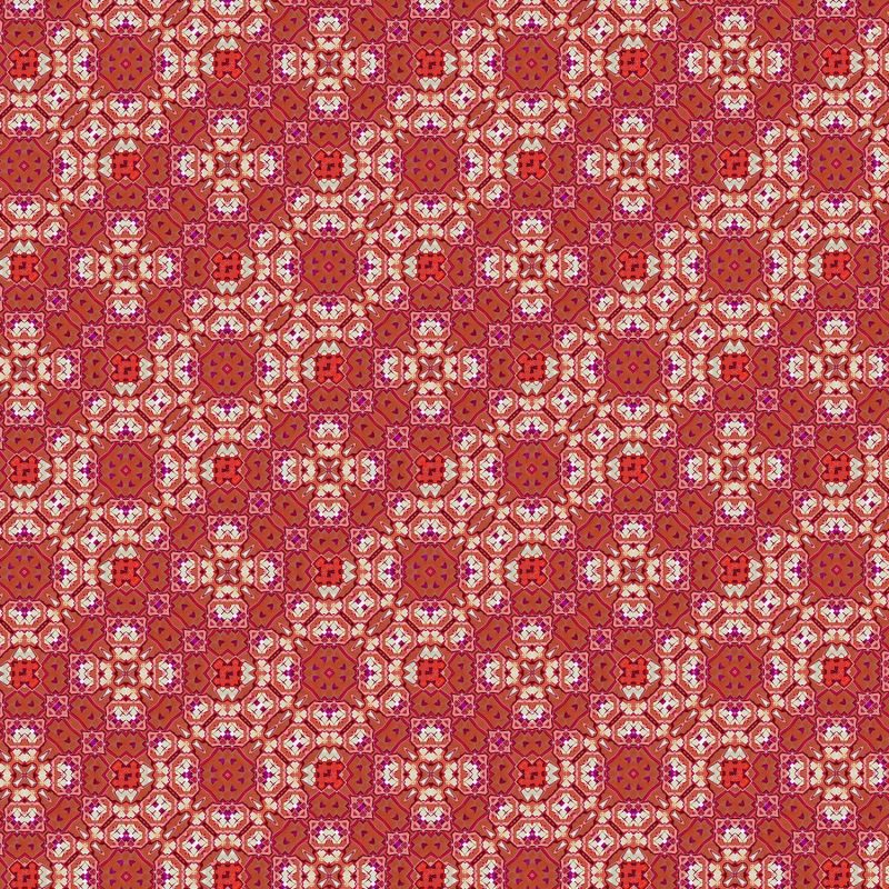 The repeating pattern of Marshan red ornate patterned fabric that blends Americana style with Eastern pattern motifs in a bohemian style fabric