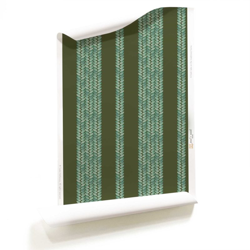 A roll of Perigrene wallpaper in colorway Ridge. It is a woven stripe wallcovering in olive green, turquoise and blue colors. It's an ideal wallpaper for living rooms and libraries.