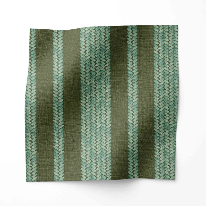 A swatch of Perigrene drapery fabric in colorway Ridge. It is a woven stripe fabric in olive, green and turquoise colors. It's an ideal fabric for draperies.