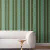 Perigrene-Olive-Green-Turquoise-Stripe-Wallpaper-for-Dining-Room_pearl-and-maude Perigrene wallpaper in colorway Ridge, installed in a living room. It's dark colors are soothing while it's brighter turquoise stripes are playful and fun.