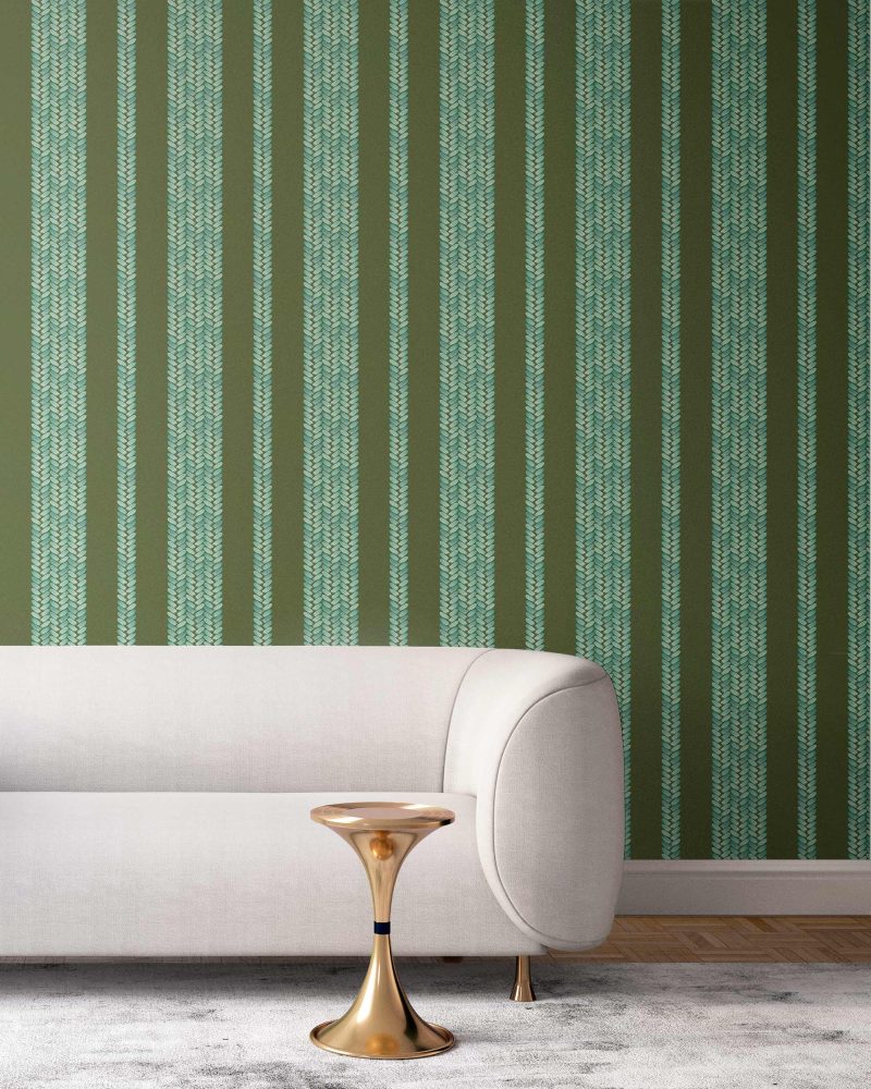 Perigrene wallpaper in colorway Ridge, installed in a living room. It's dark colors are soothing while it's brighter turquoise stripes are playful and fun.