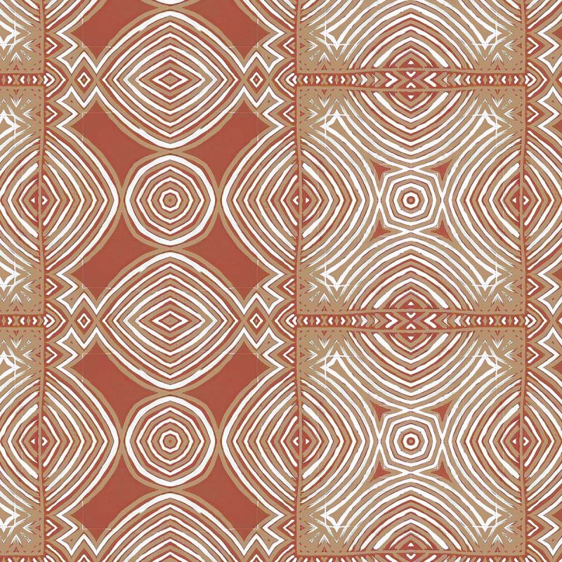 a small detail of Ruguru geometric tile pattern in rust red and beige for fabric and wallpaper by pearl and maude