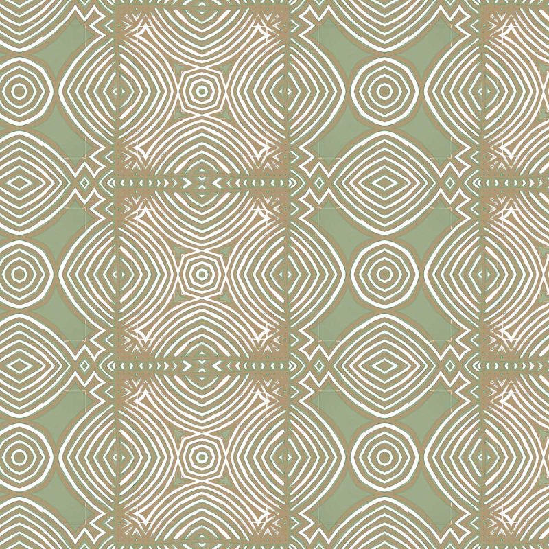 a small detail of Ruguru geometric tile pattern in sage green, white and beige for fabric and wallpaper by pearl and maude