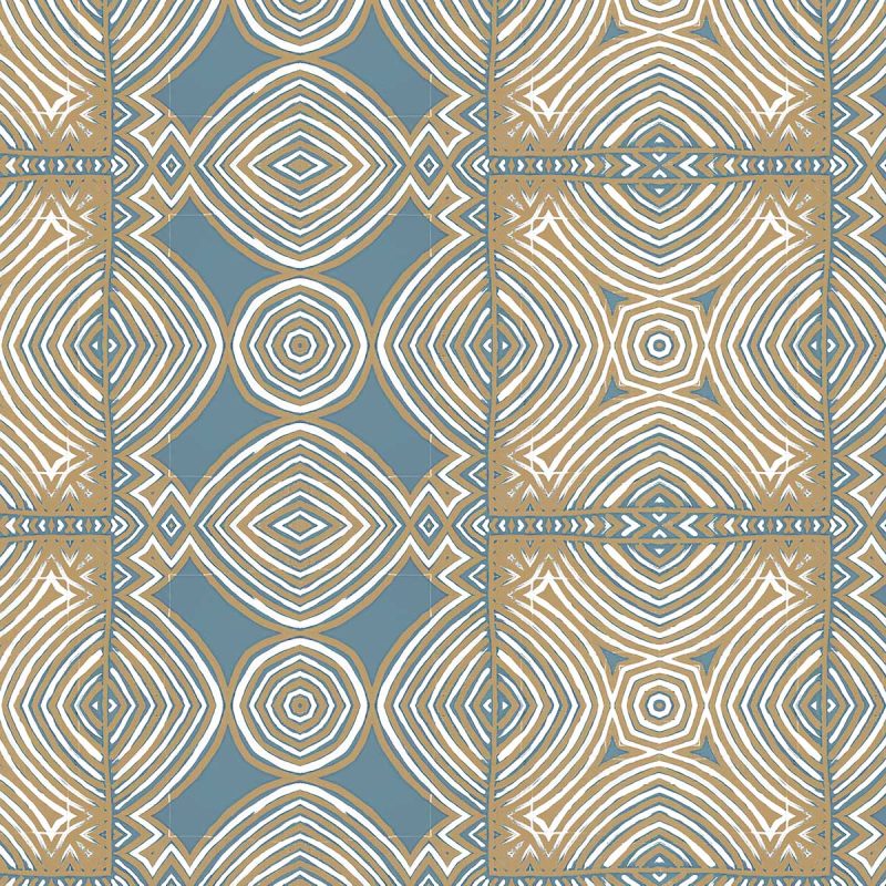 a small detail of Ruguru geometric tile pattern in blue and beige for fabric and wallpaper by pearl and maude