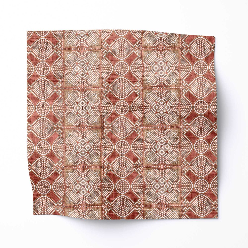 A swatch of "Ruguru" - an enchanting linen fabric pattern that showcases intricate linework, crafting a mesmerizing red tribal patterned fabric in a medium sized graphic pattern.