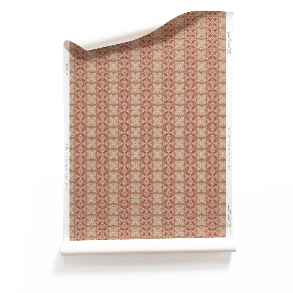 A roll of Ruguru Red Art Deco Wallpaper Small Scale in rust red and brown