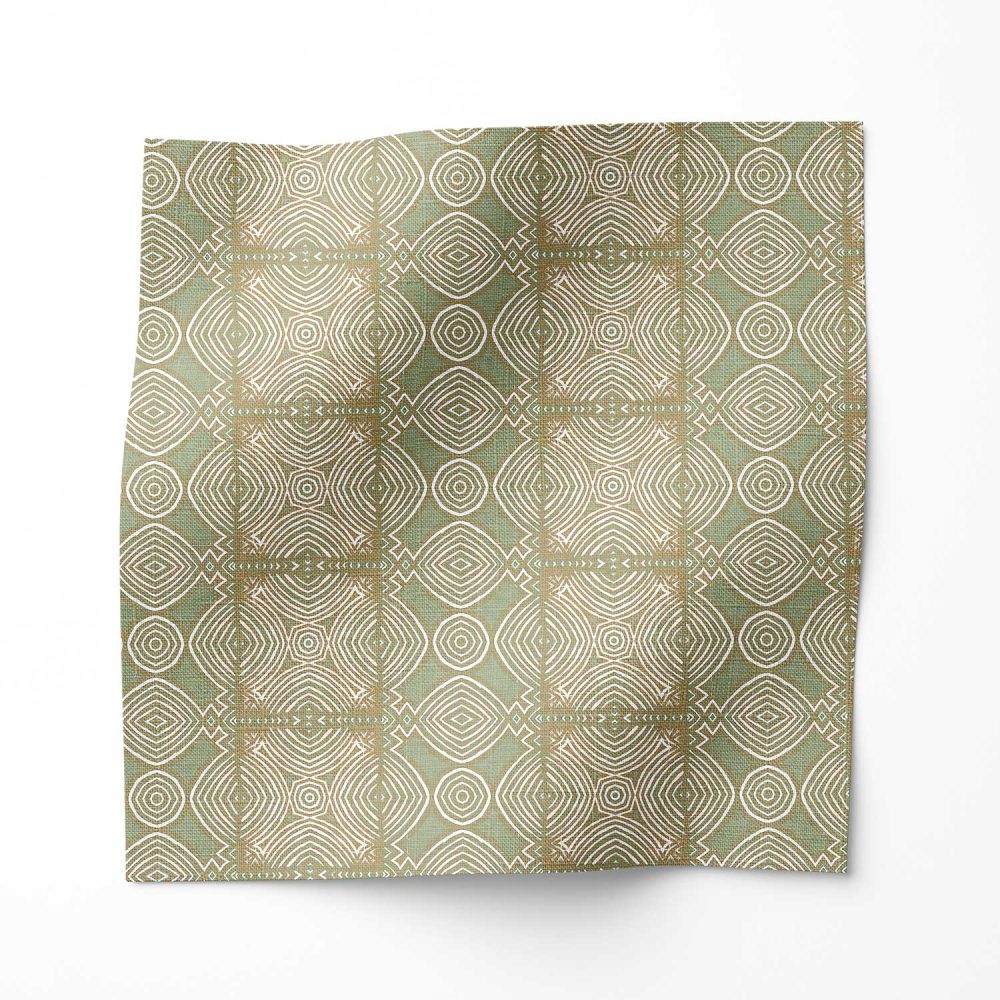 A swatch of "Ruguru" - an enchanting linen fabric pattern that showcases intricate linework, crafting a mesmerizing green tribal patterned fabric in a medium sized graphic pattern.