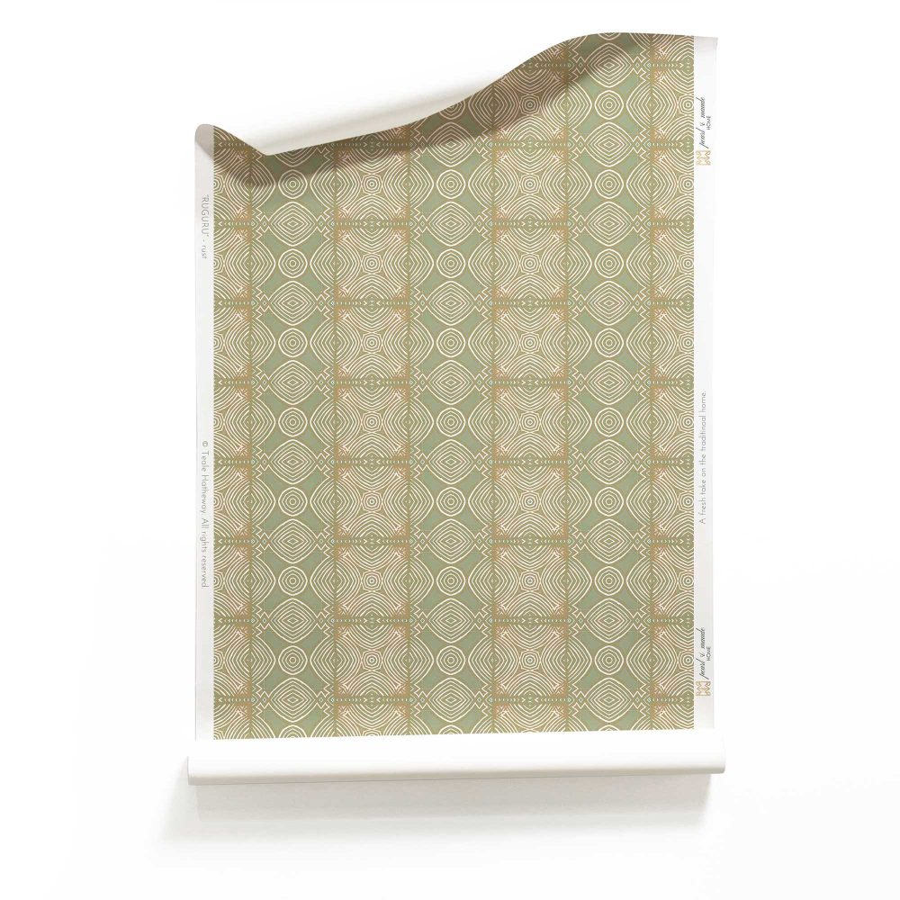 A roll of Ruguru medium sized geometric tile wallpaper pattern in sage green and brown