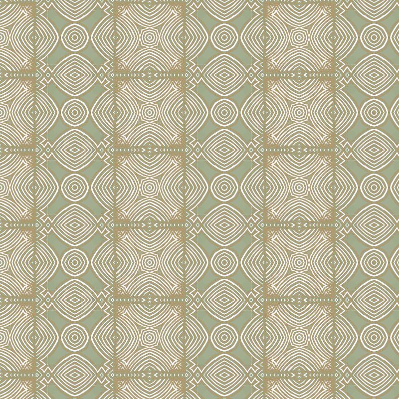 the repeat pattern of Ruguru geometric tile pattern in sage green, white and beige for fabric and wallpaper by pearl and maude
