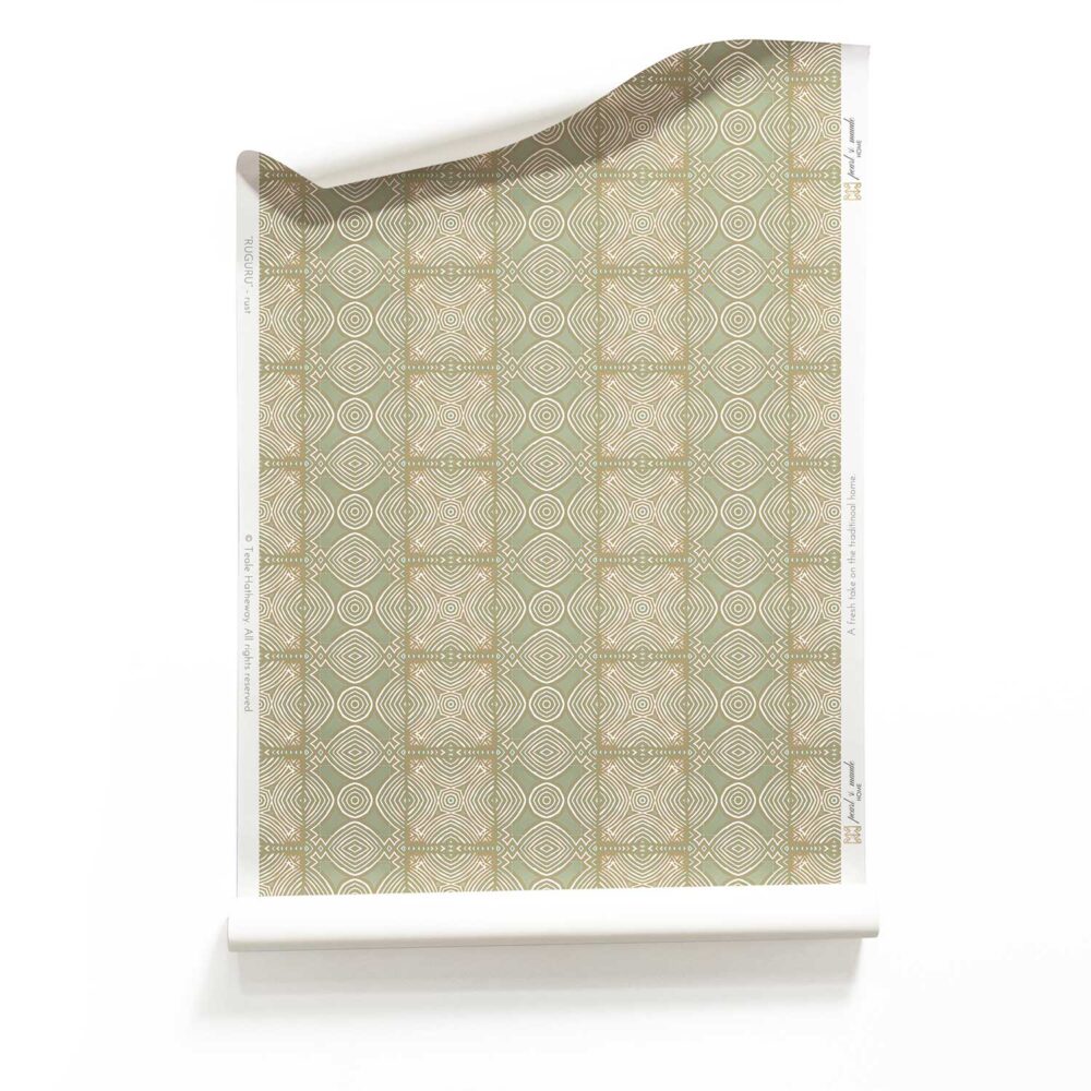 A roll of Ruguru light green art deco wallpaper, medium sized geometric tile wallpaper pattern in sage green and brown, on a white background