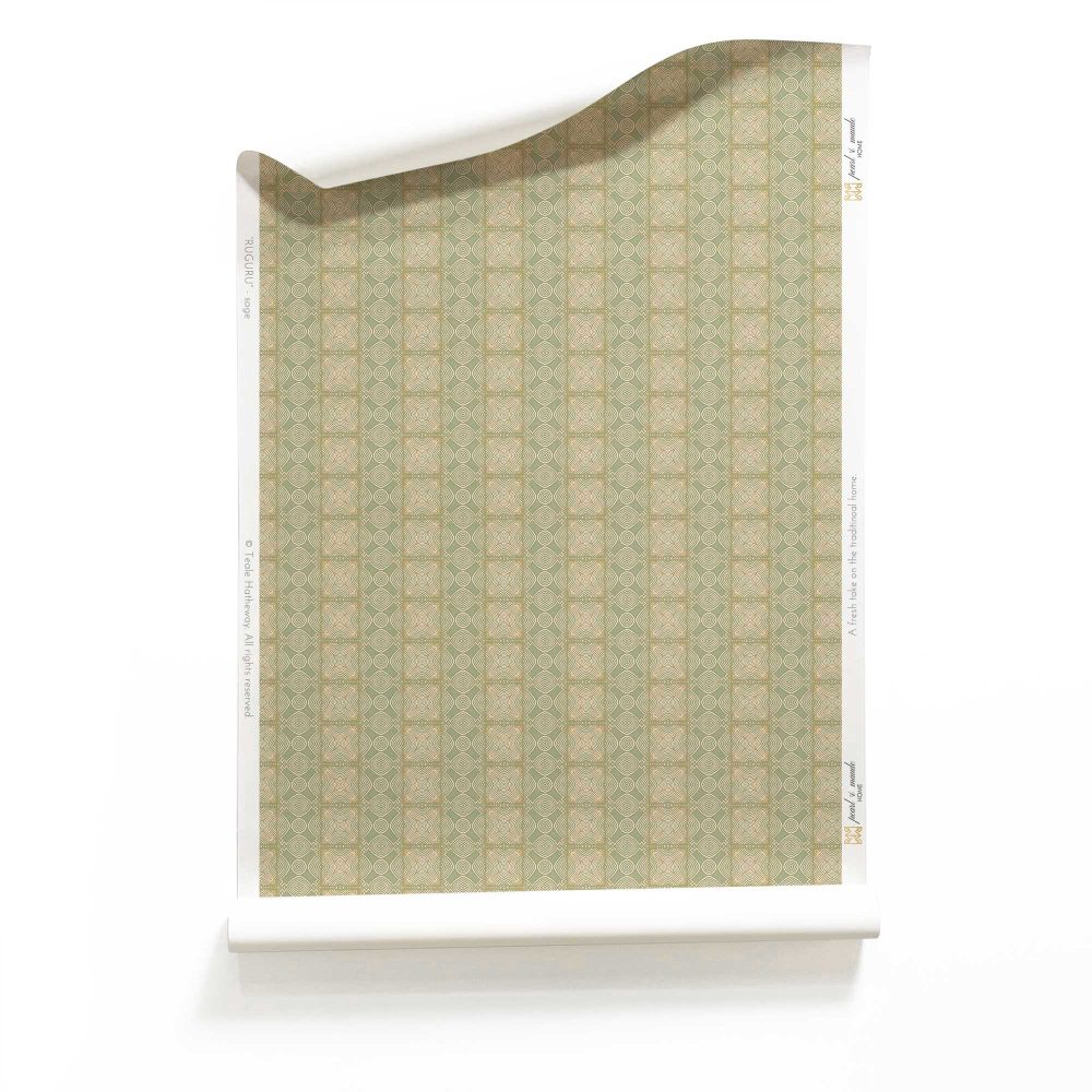 A roll of Ruguru small geometric tile wallpaper in sage green and brown