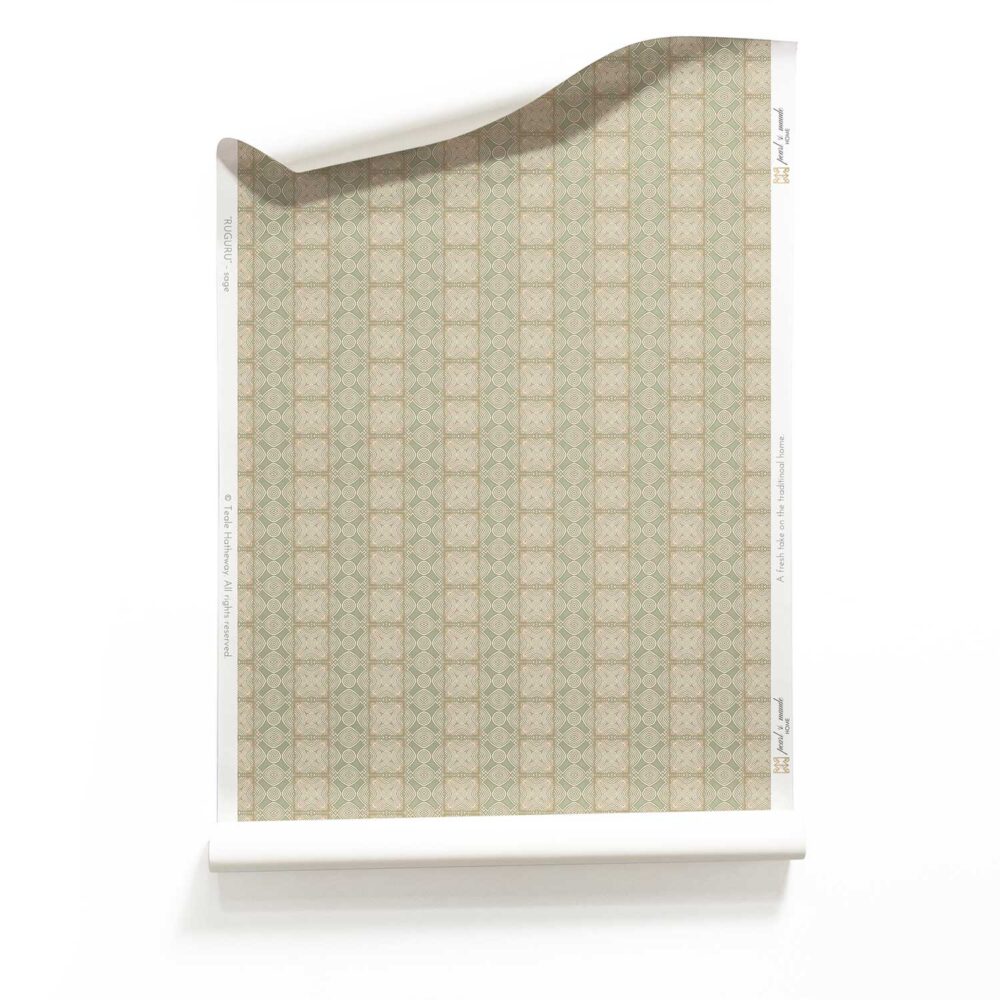 A roll of Ruguru small scale light green art deco wallpaper in sage green and brown