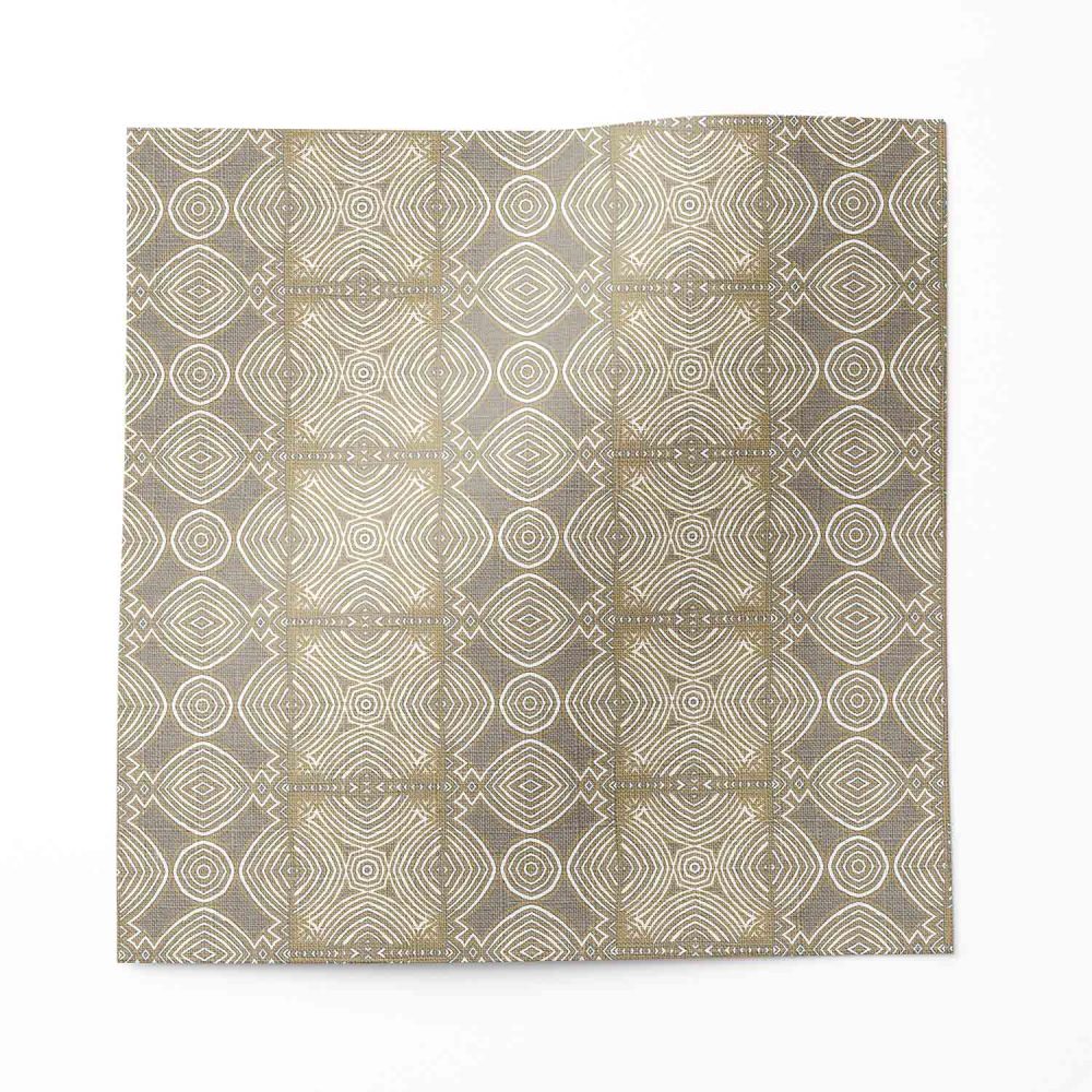 A swatch of "Ruguru" - an enchanting linen fabric pattern that showcases intricate linework, crafting a mesmerizing brown tribal patterned fabric in a medium sized graphic pattern.