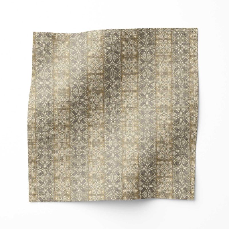 A swatch of "Ruguru" - an enchanting linen fabric pattern that showcases intricate linework, crafting a mesmerizing brown tribal patterned fabric in a small, textural pattern.