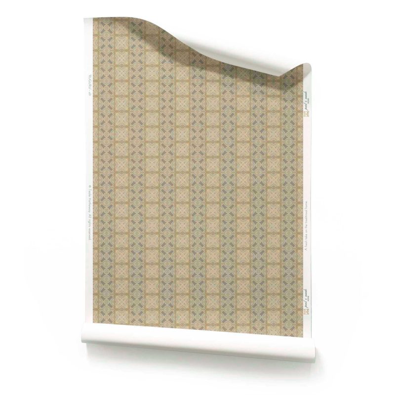 A roll of Ruguru small geometric tile wallpaper in silt brown and white colors