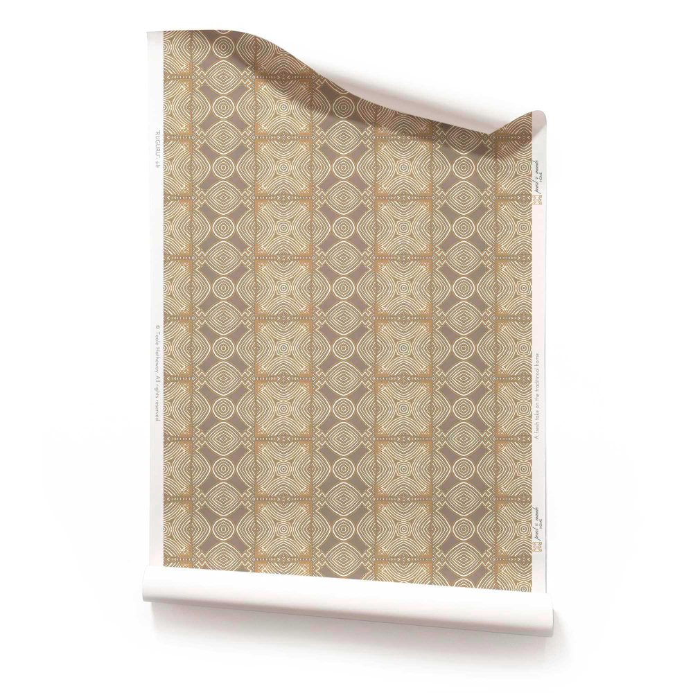 A roll of Ruguru geometric tile wallpaper in silt brown and white colors