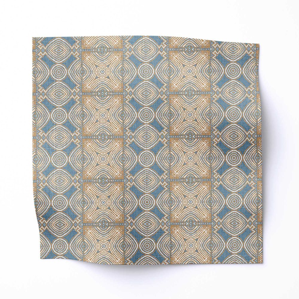 A swatch of "Ruguru" - an enchanting linen fabric pattern that showcases intricate linework, crafting a mesmerizing blue tribal patterned fabric in a medium sized graphic pattern.