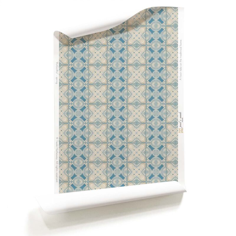 A roll of Ruguru Dusty Blue Art Deco Wallpaper Medium Scale on a white background