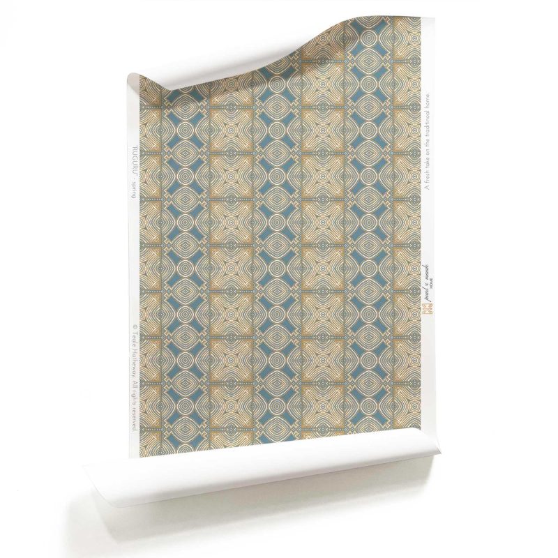 A roll of Ruguru intricate geometric tile wallpaper in blue and brown