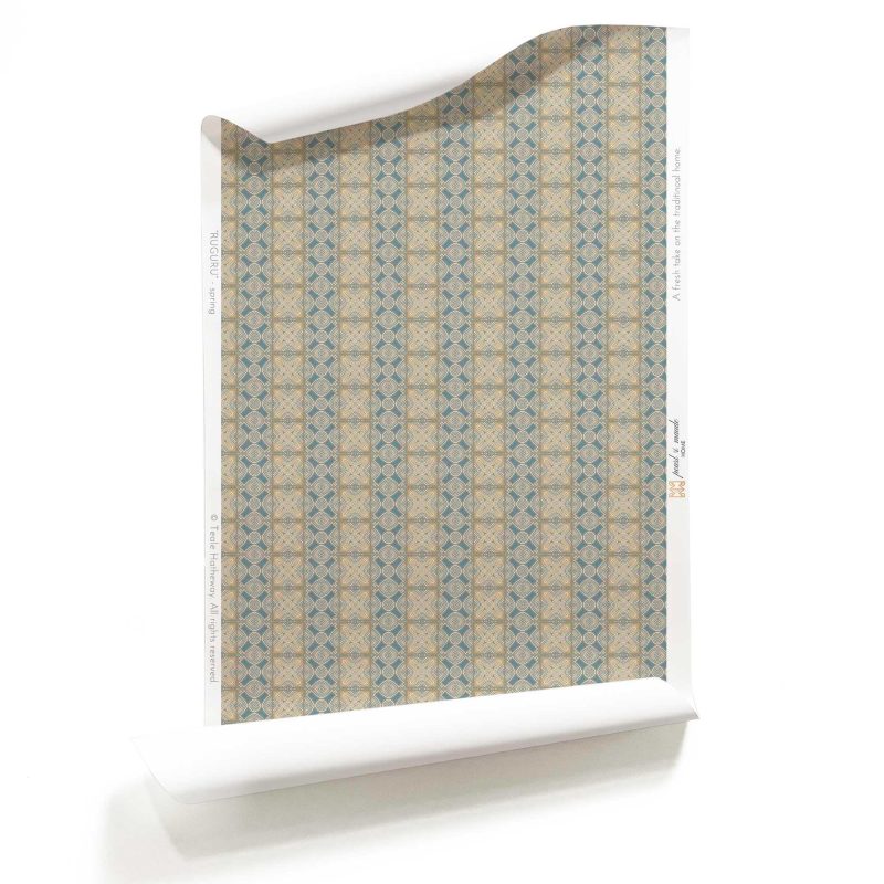 A roll of Ruguru small geometric tile wallpaper in blue and brown