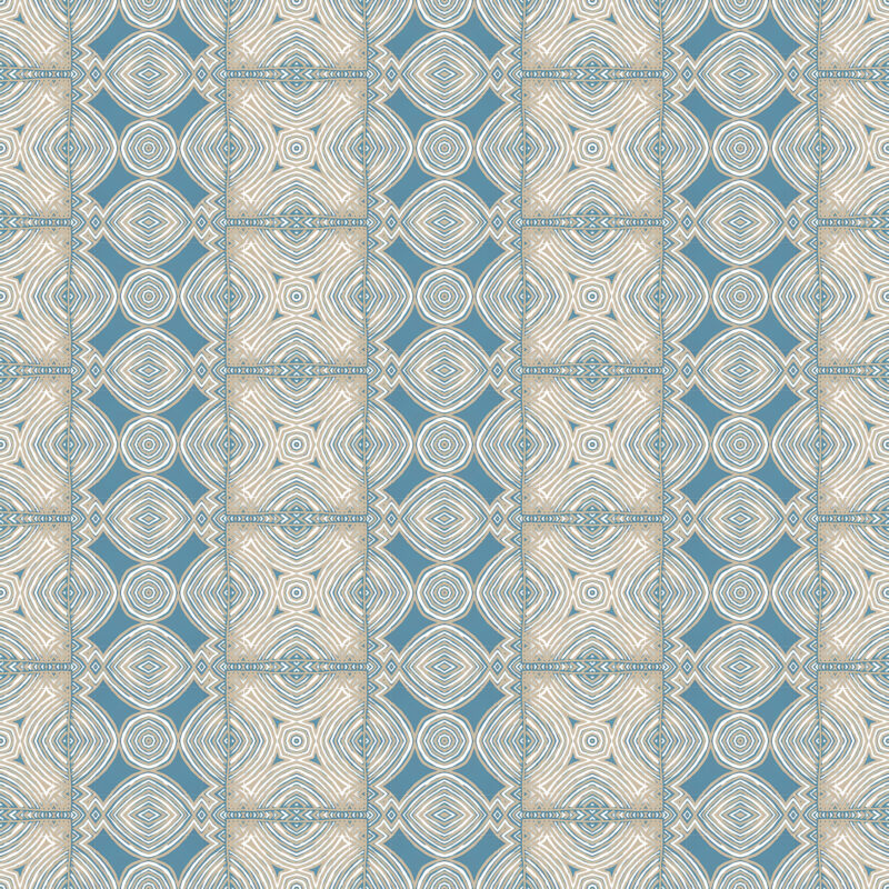 the repeat pattern of Ruguru geometric tile pattern in blue and beige for fabric and wallpaper by pearl and maude