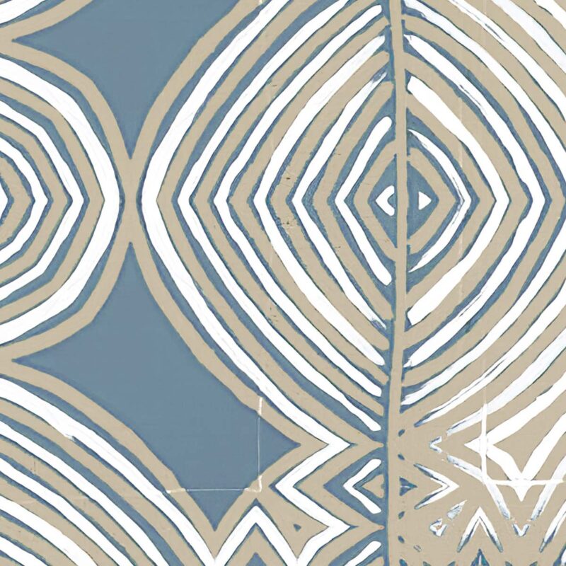 a small detail of Ruguru geometric tile pattern in blue and beige for fabric and wallpaper by pearl and maude