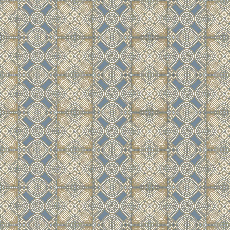the repeat pattern of Ruguru geometric tile pattern in blue and beige for fabric and wallpaper by pearl and maude