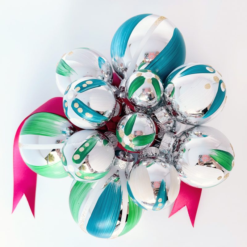 Hand painted Christmas ornament cluster in green, blue and white with gold glitter and magenta satin ribbon.