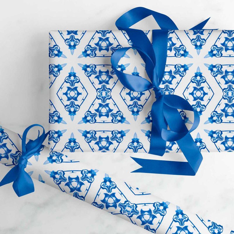 blue and white wrapping paper rolls for holiday gifts