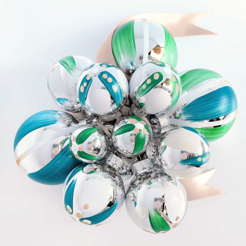 Hand painted Christmas ornament cluster in green, blue and white with gold glitter and ivory satin ribbon.