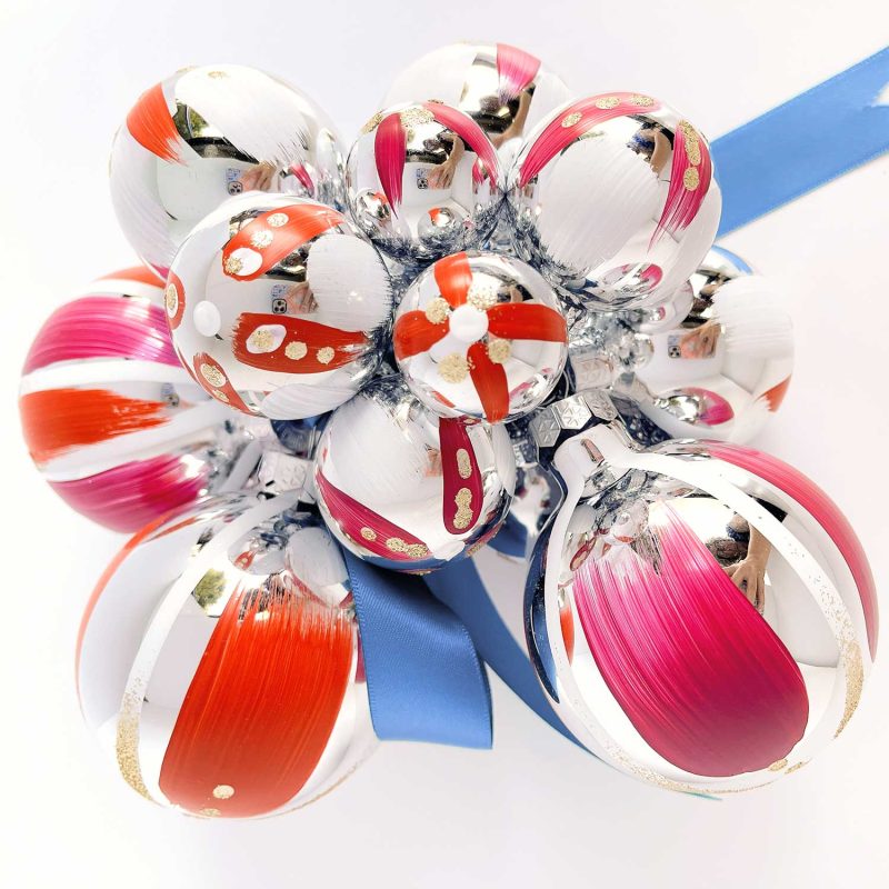 Hand painted Christmas ornament cluster in red, magenta and white with gold glitter and periwinkle satin ribbon.