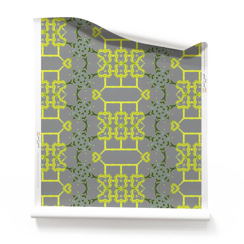 Roll of citron yellow and grey modern chinoiserie wallpaper. Design - Arachne by Pearl and Maude