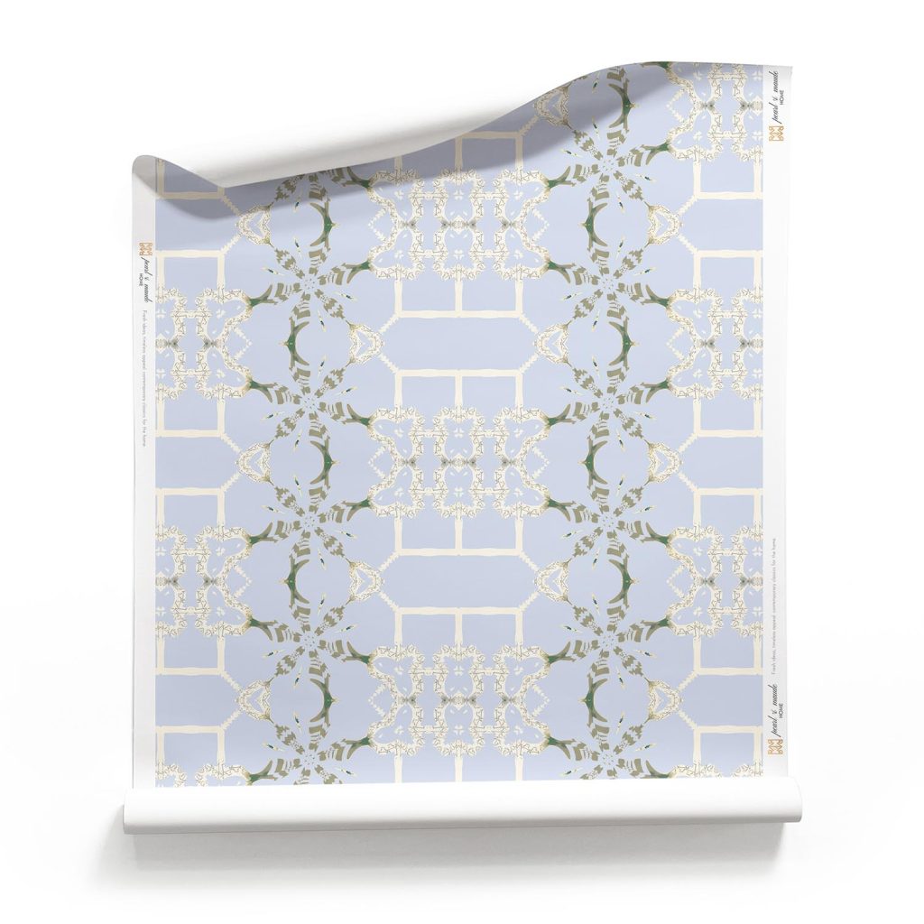 Roll of light blue chinoiserie wallpaper... silver blue and cream colored trellis chinoiserie artisan wallpaper. Design - Arachne by Pearl and Maude. Roll of pastel blue chinoiserie wallpaper with a trellis pattern. Design - Arachne by Pearl and Maude