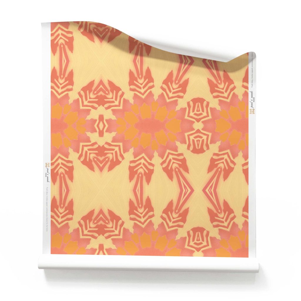 Roll of yellow tropical wallpaper with orange floral patterns on a butter yellow background, perfect for cheerful interiors.