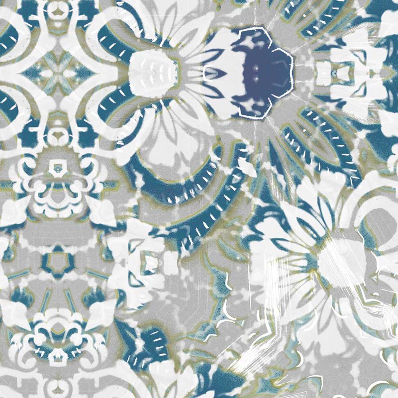 A detail swatch of Pearl & Maude's abstract floral Carmen pattern in blue and grey
