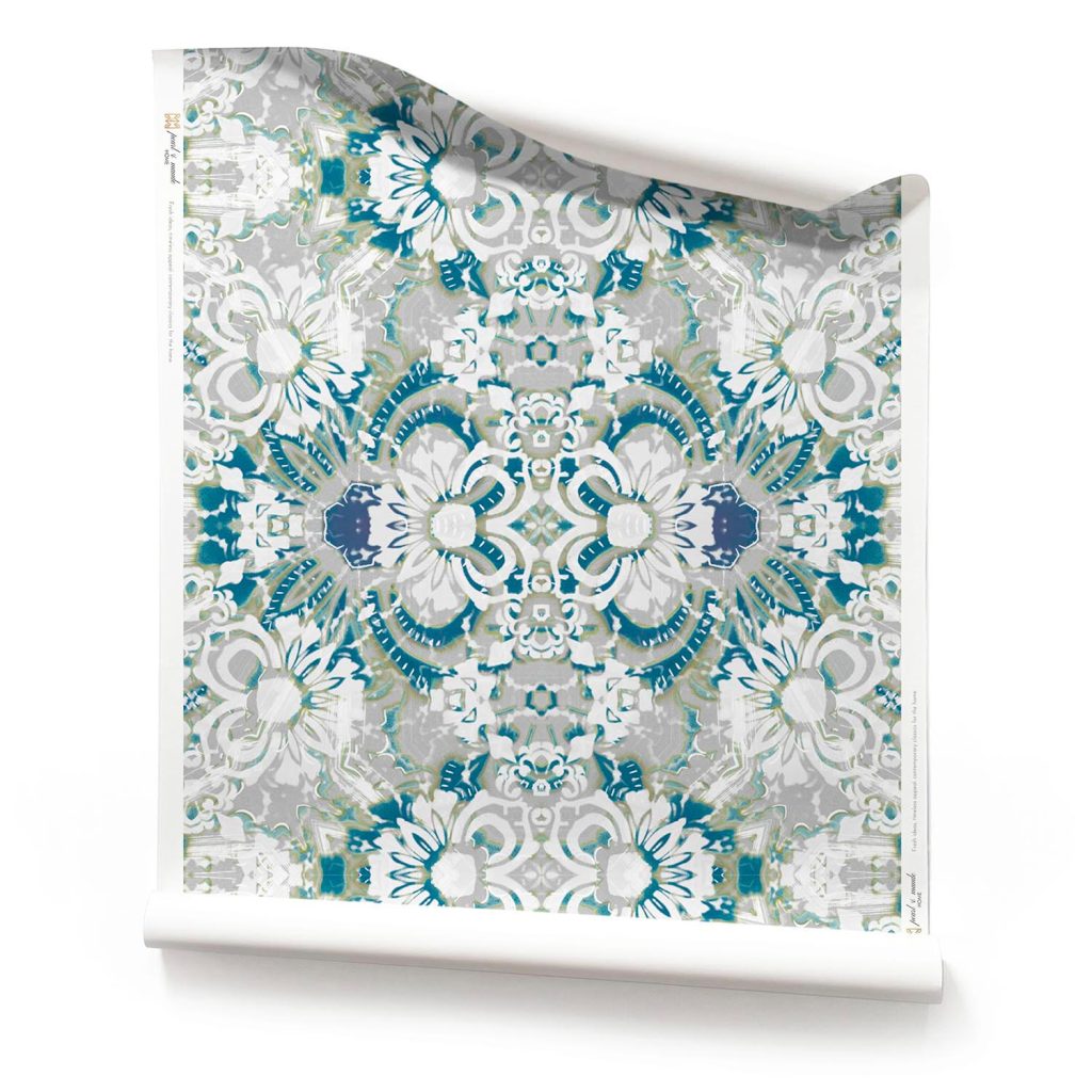 Blue and White Botanical Wallpaper - Carmen Inlay in grey, white and blue by Pearl and Maude. This is a roll of Carmen blue white floral wallpaper featuring layered, petal-inspired patterns with translucent veils, ideal for elegant and modern interiors