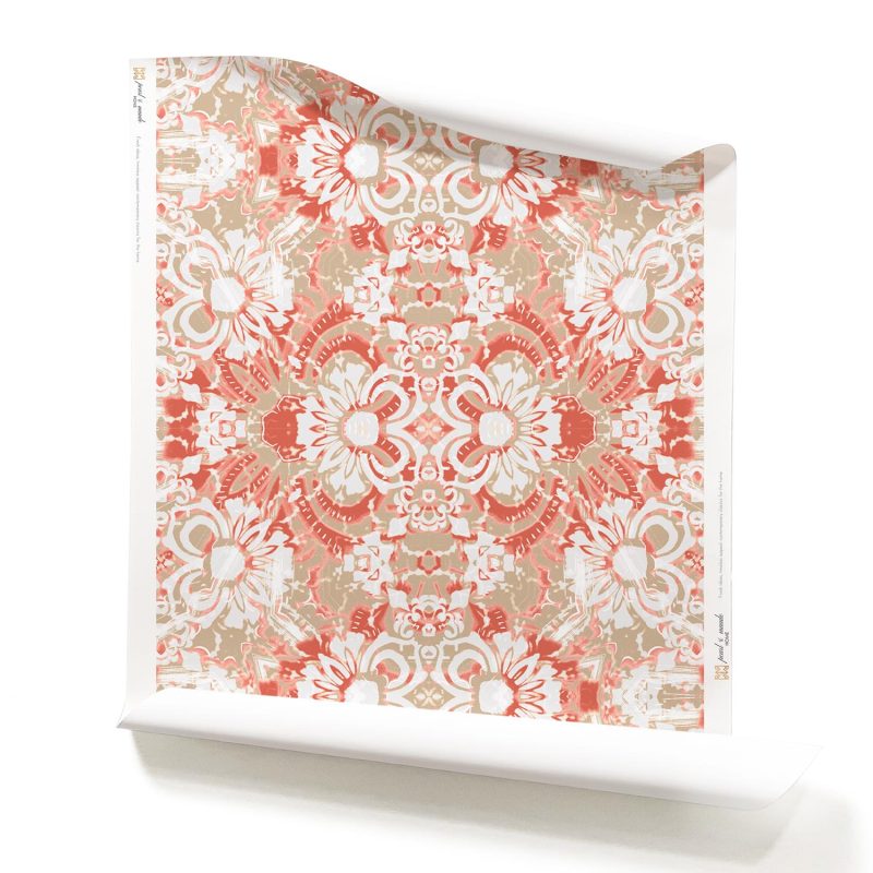 Carmen Redwood Clay Coated Wallpaper Roll- rust red, pink and beige abstract floral pattern
