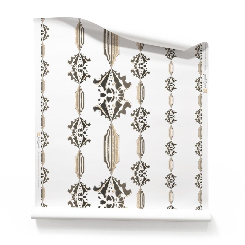 A roll of Grey and White Striped Wallpaper with Flowers_Pearl and Maude. A roll of Charlie our Grey and White Floral Striped Wallpaper, on a white background