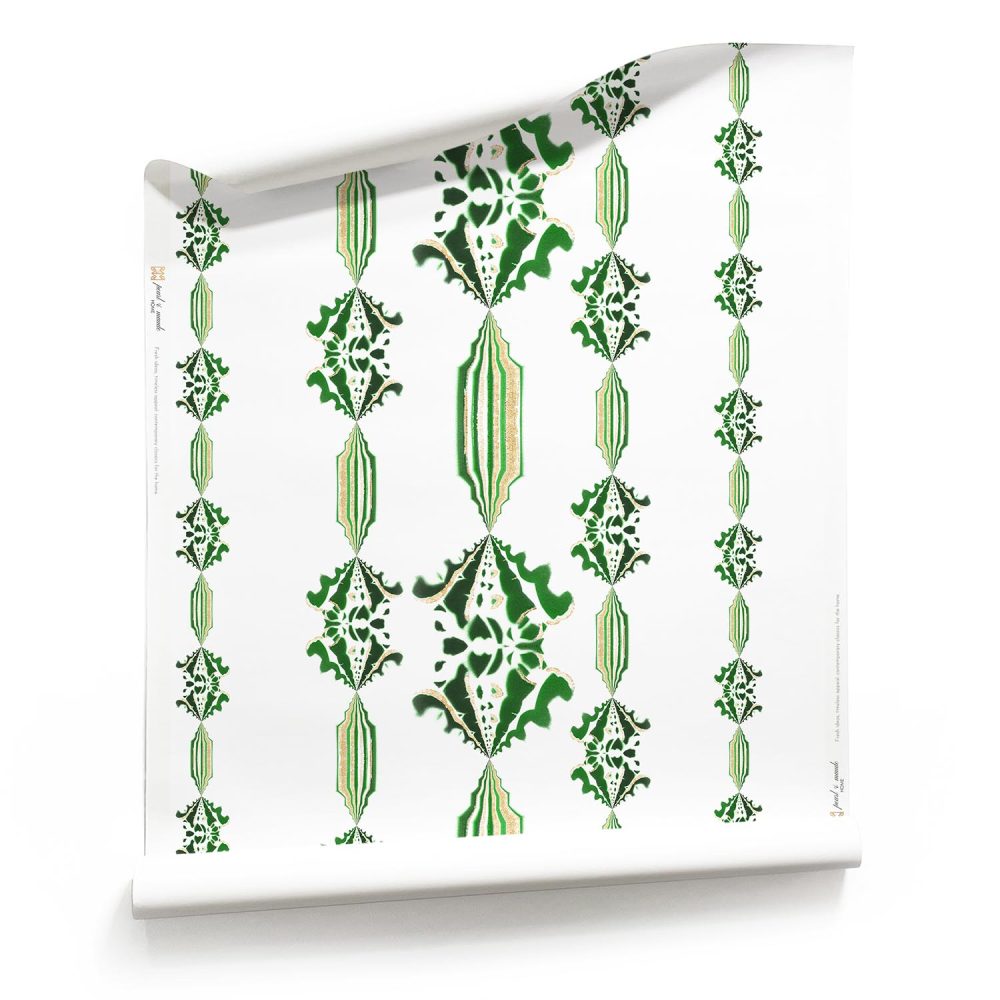 A roll of Charlie, Pearl & Maude's green flower stripe wallpaper in emerald green and white