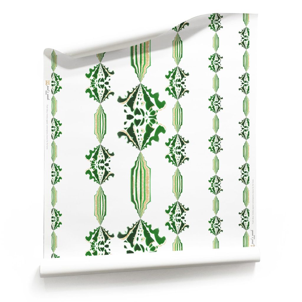 A roll of Charlie Green and White Striped Wallpaper with flowers, an Emerald Green jewel tone artisan wallpaper in a Floral Stripe Wallpaper pattern_Pearl and Maude. A roll of Charlie green and white floral striped wallpaper on a white background