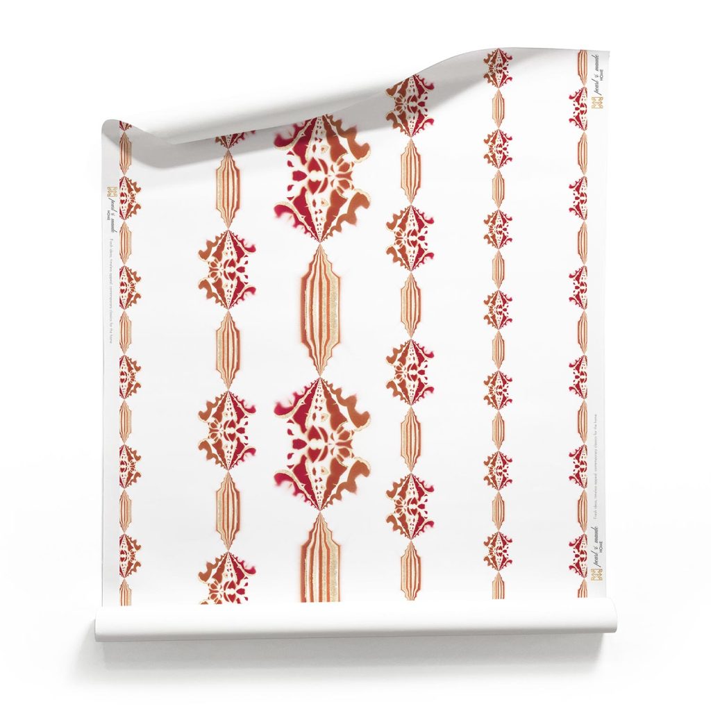 a roll of Charlie red and white striped wallpaper with flowers _Classic Matte_Pearl and Maude. A roll of Charlie, Pearl & Maude's red flower stripe wallpaper in garnet reds and white