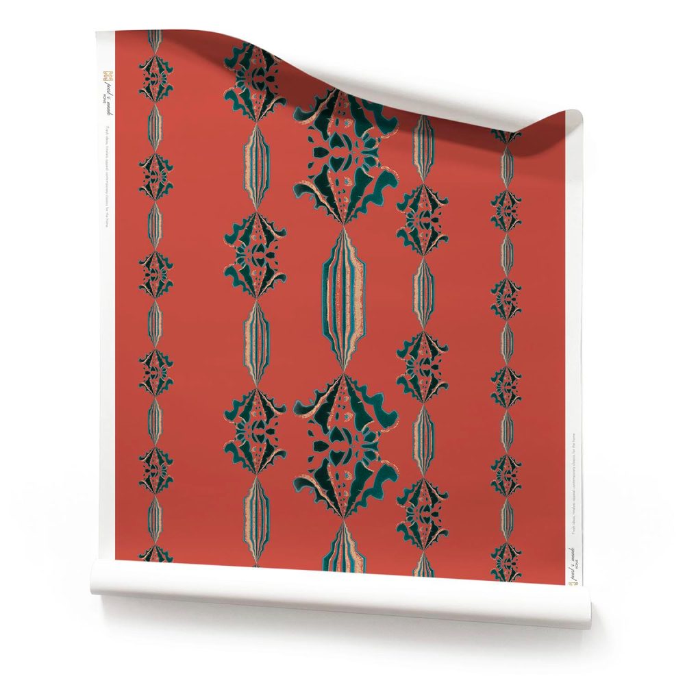 A roll of Charlie, Pearl & Maude's tapestry flower stripe wallpaper in brick red and peacock greens and blues